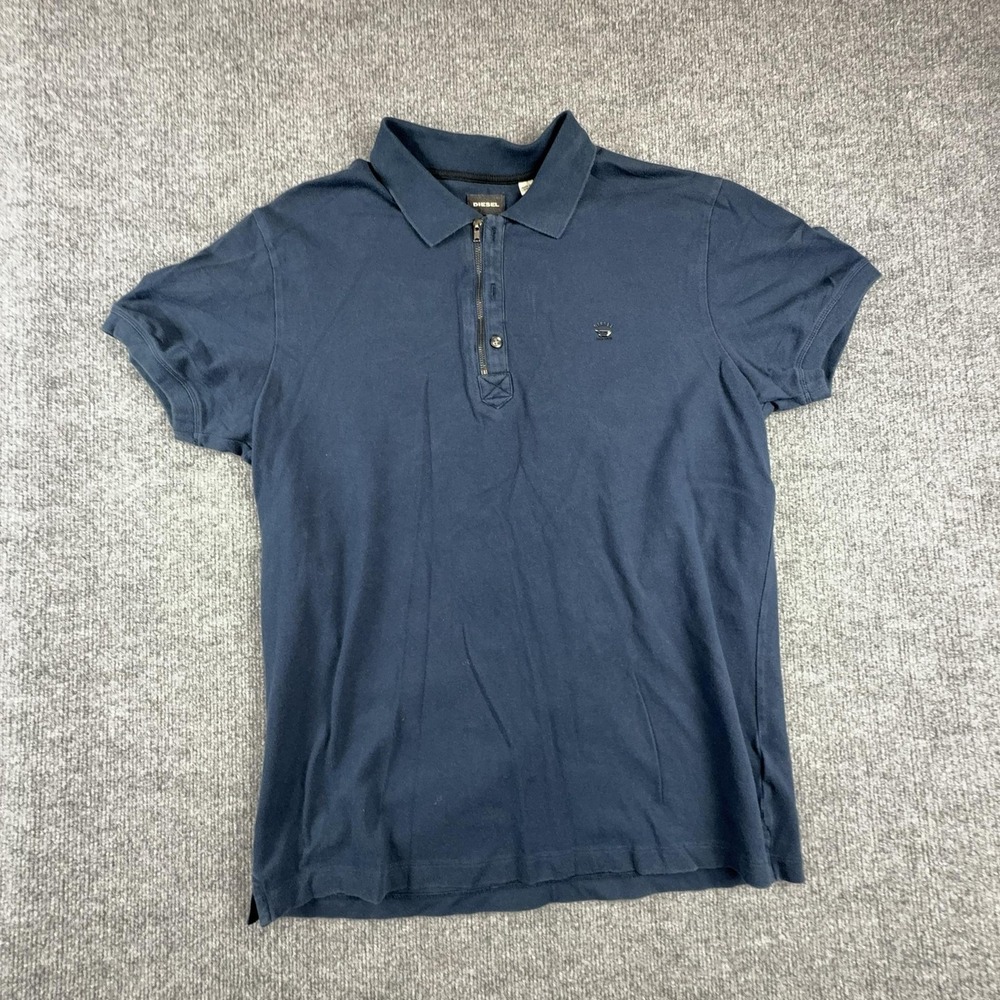 Diesel Polo Shirt Mens Medium Blue Stretch Zip Placket Logo Knit Top Casual